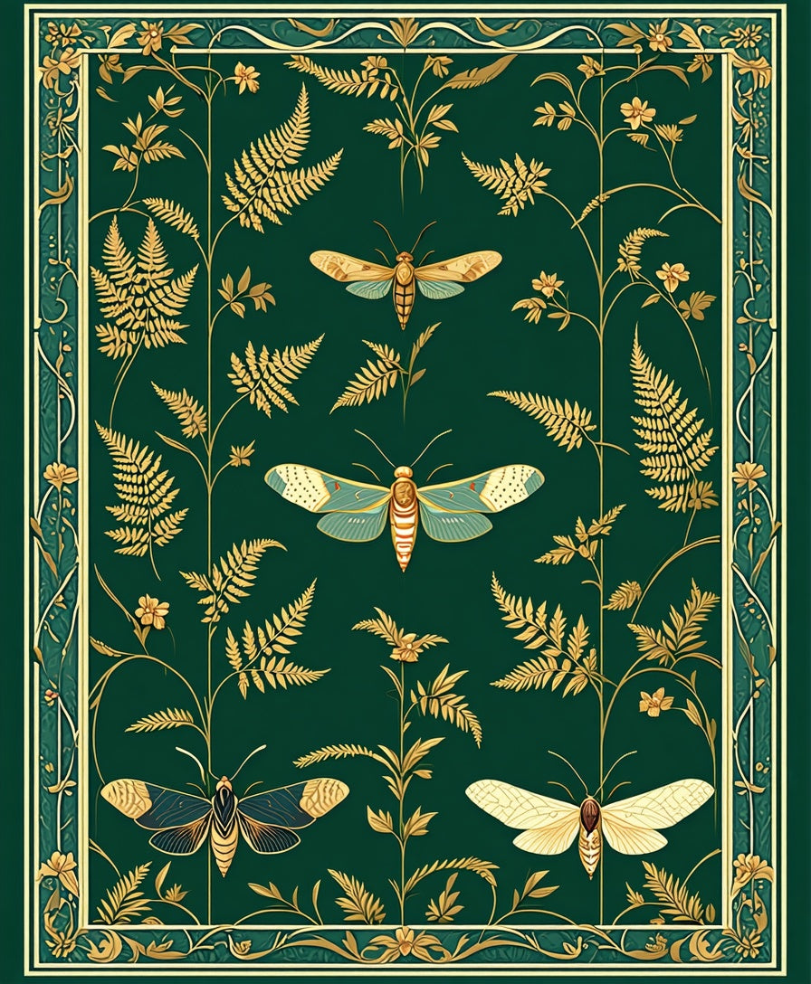 Elegant Gold Fern Moth Pattern Rug