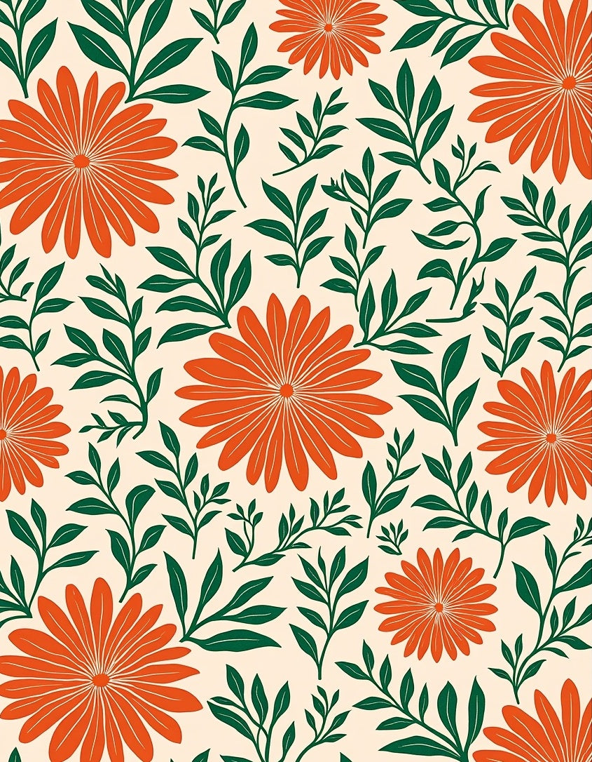 Bold Orange Flower Leaf Pattern Rug