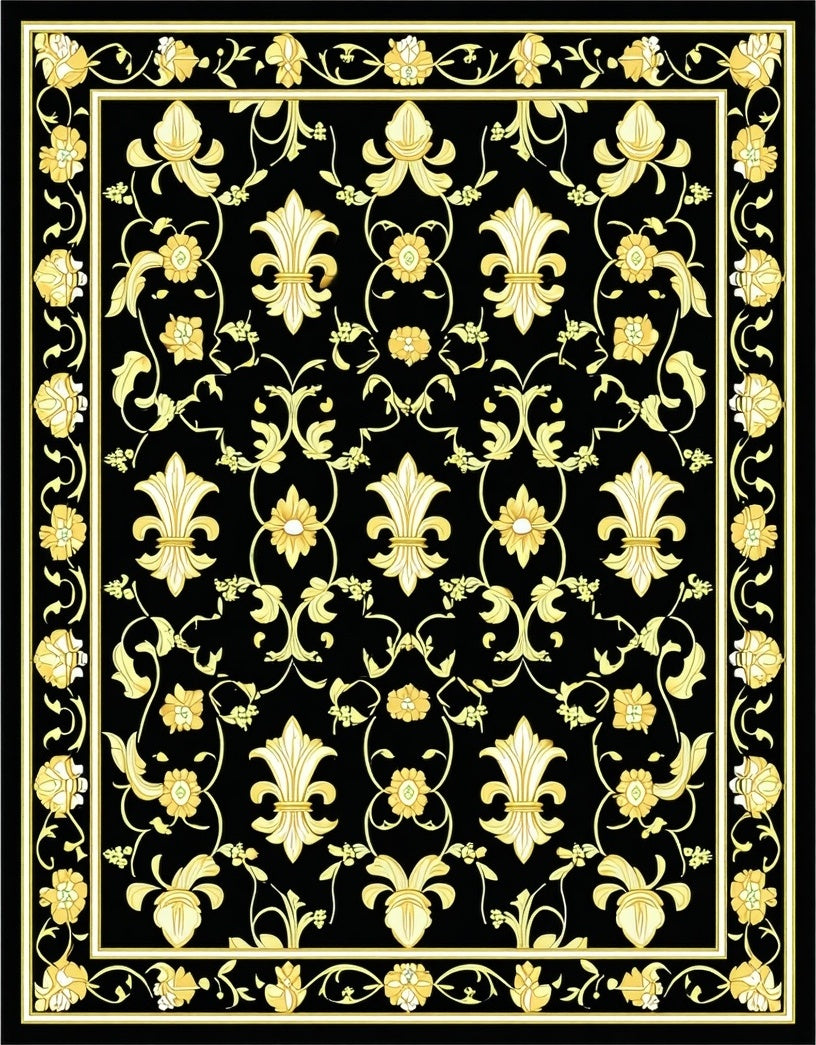 Elegant Gold Fleur-de-Lis Floral Pattern Rug