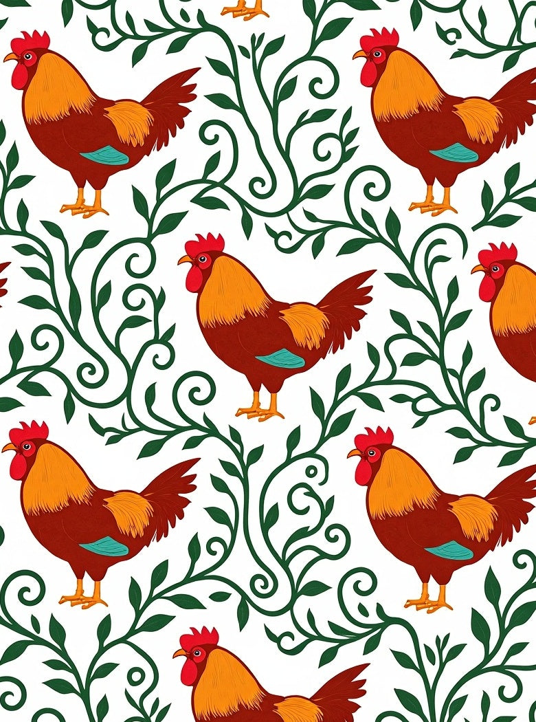 Brown Rooster Green Vine Art Rug