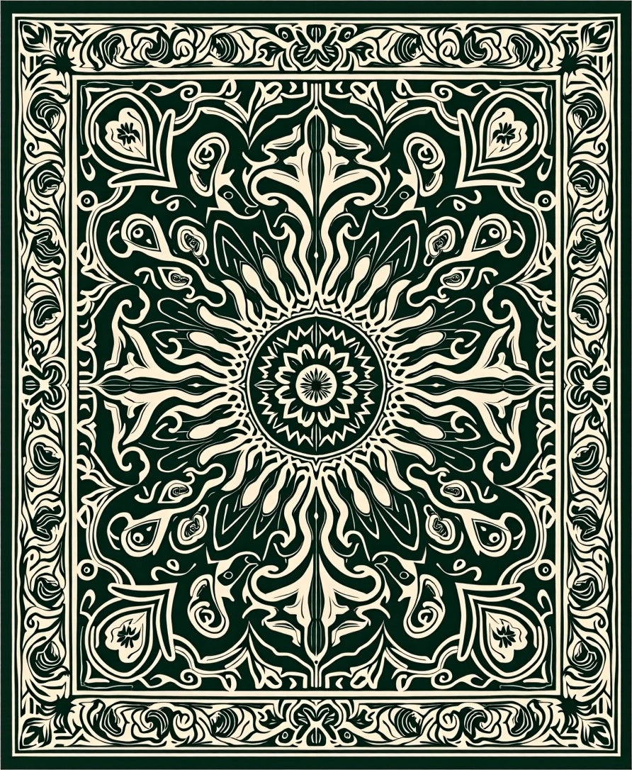 Dark Green Cream Mandala Ornament Rug