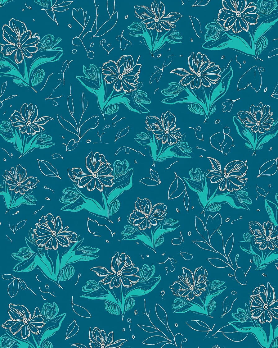 Teal Floral Sketch Pattern Rug