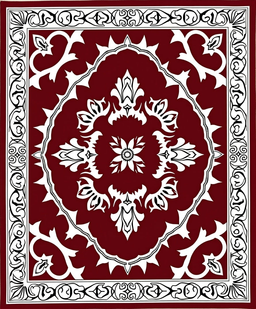 Deep Red Floral Medallion Border Rug