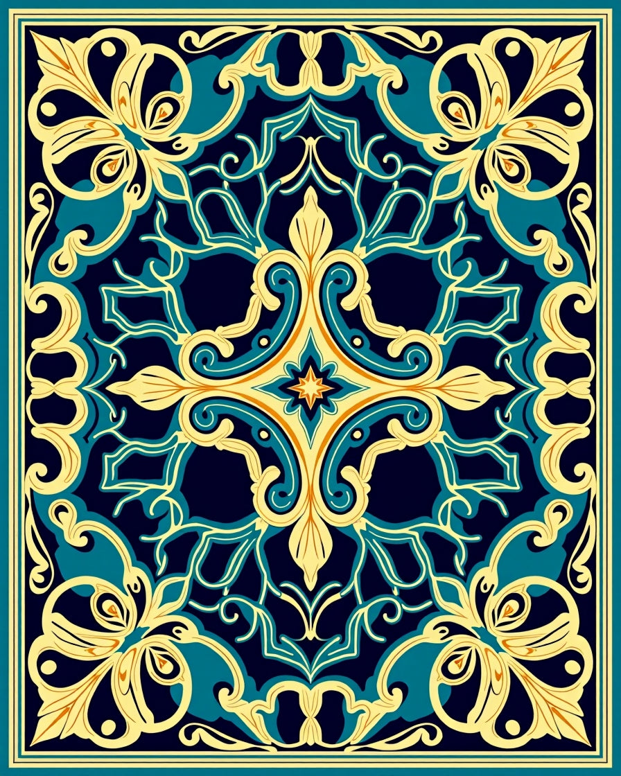 Ornate Floral Teal Gold Pattern Rug
