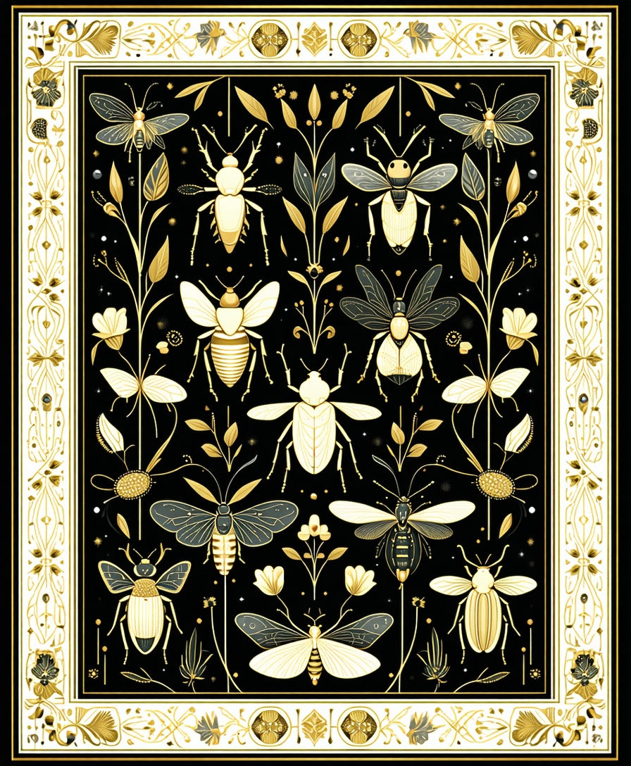 Elegant Gold Insect Nature Pattern Rug