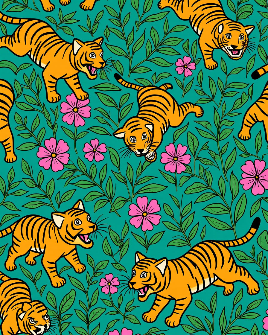 Playful Tiger Floral Pattern Design Rug