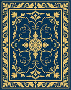 Deep Blue Golden Floral Medallion Border Rug