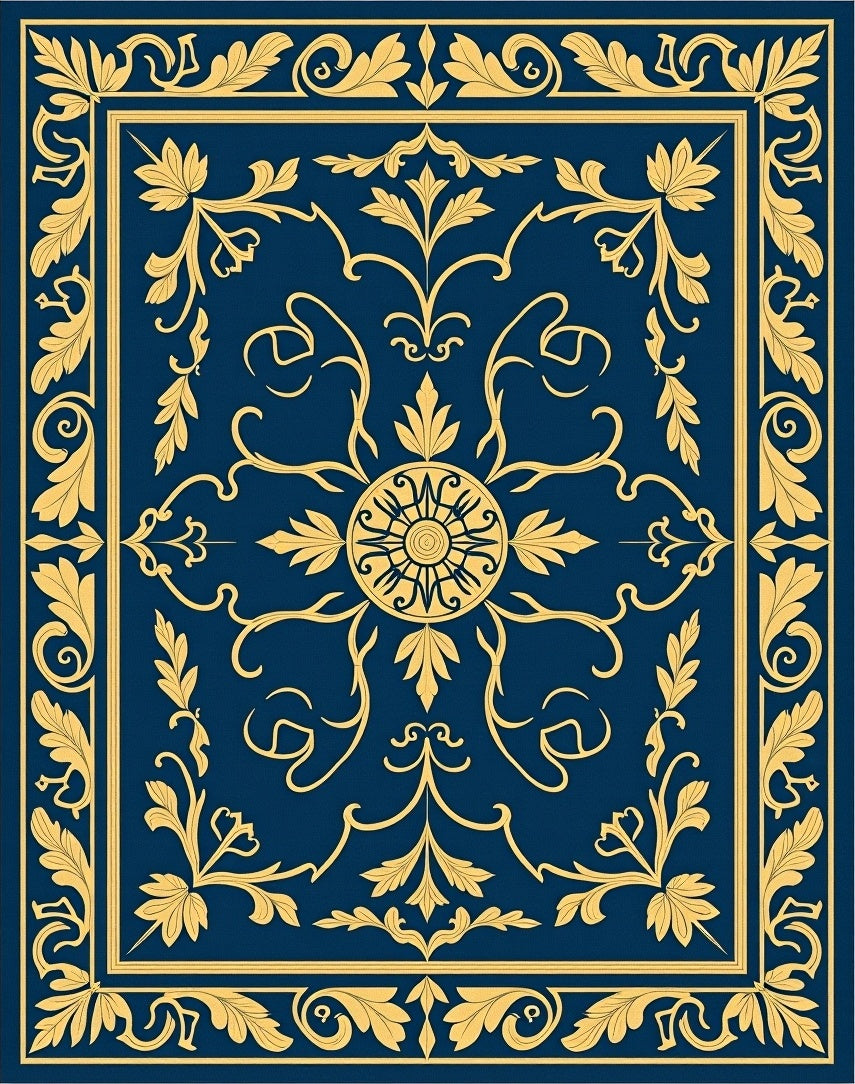 Deep Blue Golden Floral Medallion Border Rug