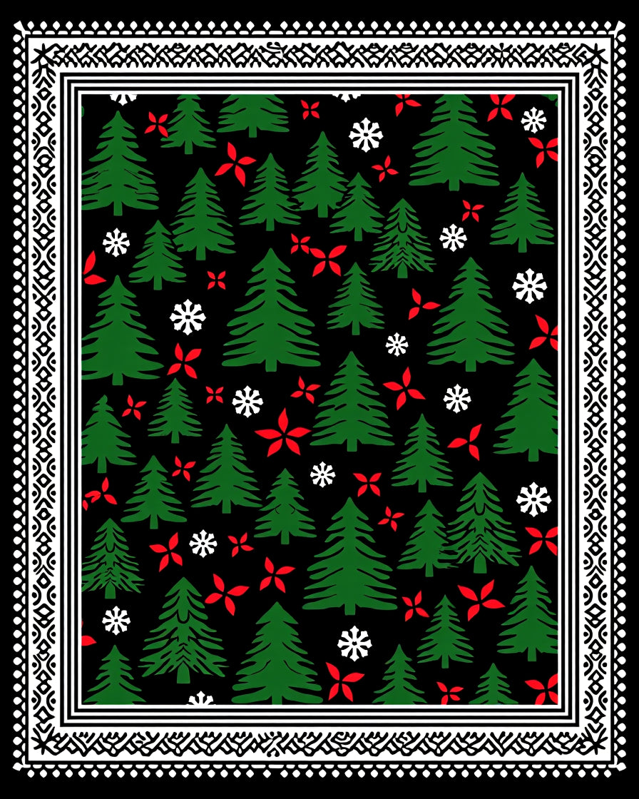 Forest Green Christmas Trees Red Flowers Rug
