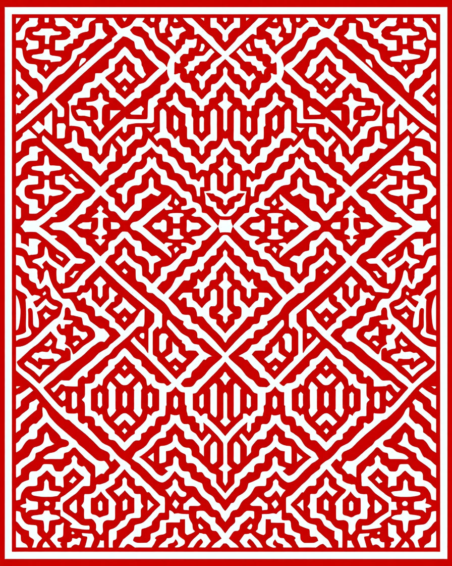 Bold Red White Geometric Maze Pattern Rug