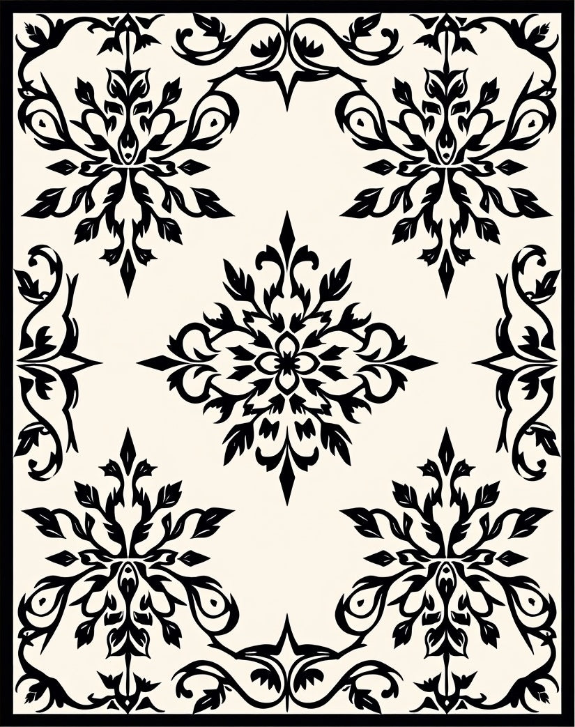 Classic Black Floral Damask Pattern Rug