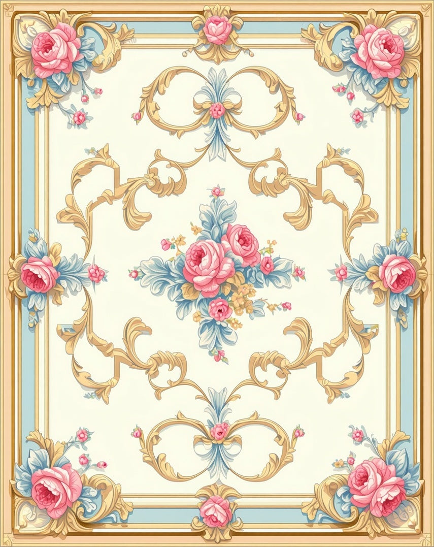 Elegant Pink Rose Floral Scroll Pattern Rug