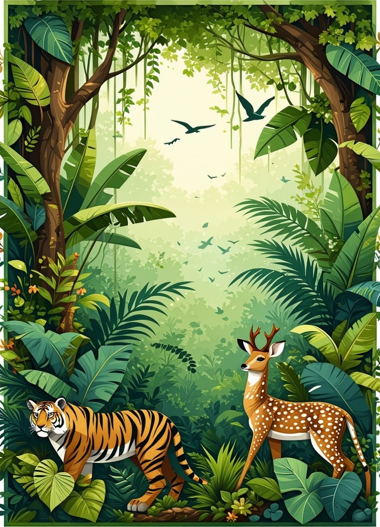 Jungle Animals Lush Botanical Pattern Rug