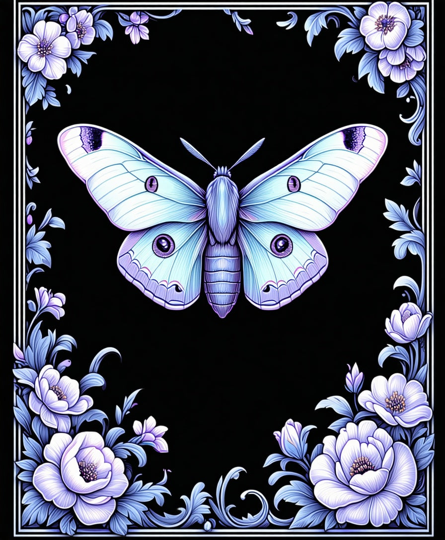 Elegant Lavender Moth Floral Frame Rug