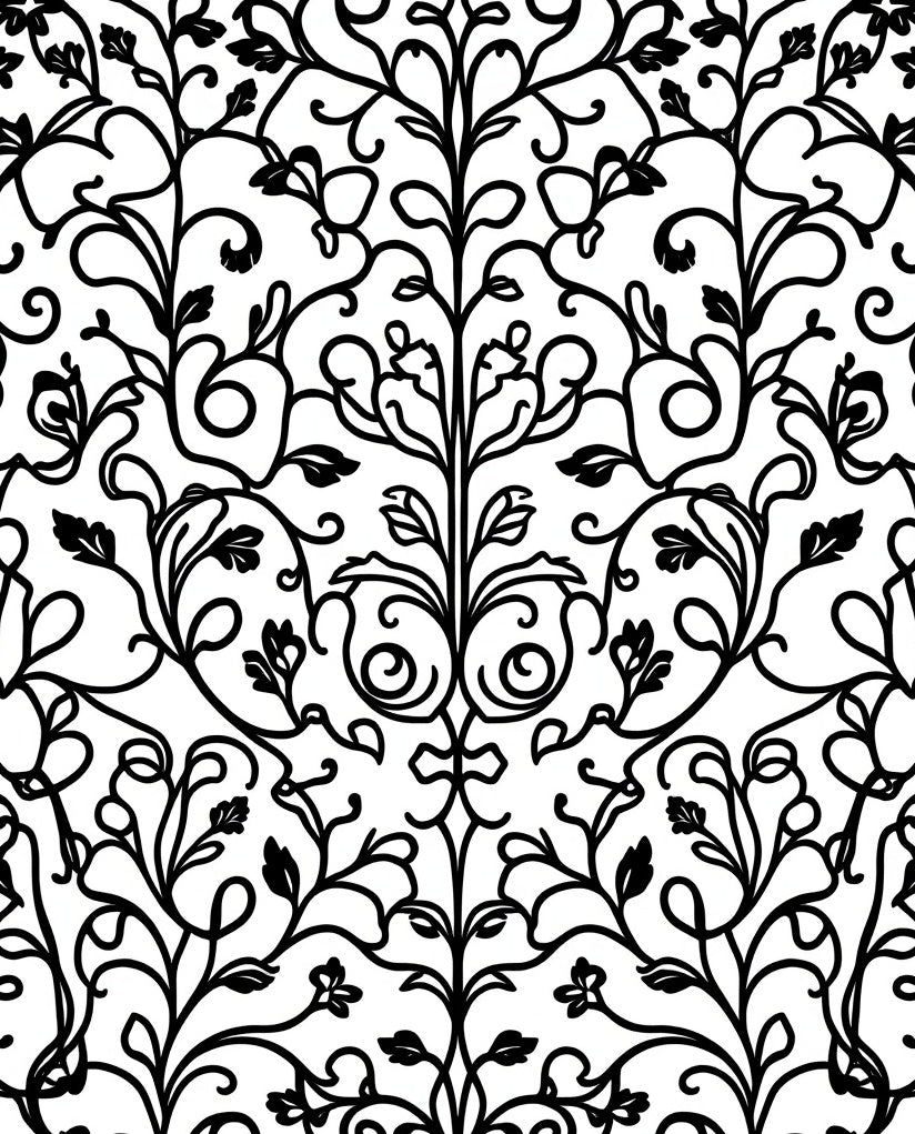 Black White Floral Scroll Vine Rug