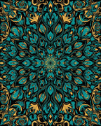 Intricate Teal Gold Floral Mandala Rug