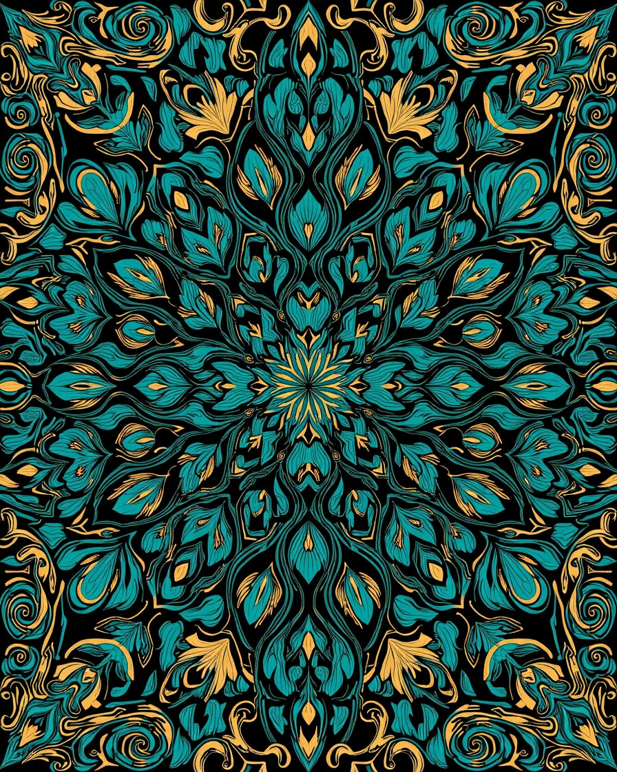 Intricate Teal Gold Floral Mandala Rug