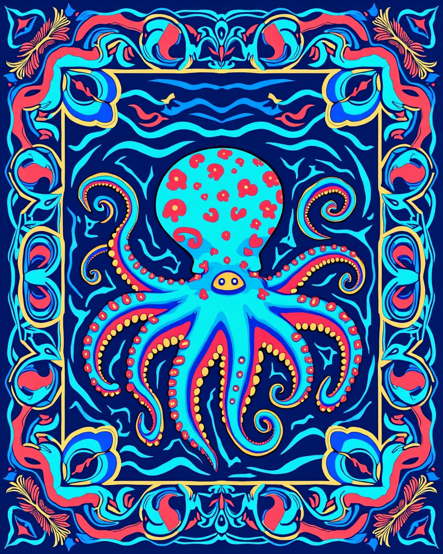 Ornate Octopus Vivid Floral Border Design Rug