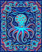 Ornate Octopus Vivid Floral Border Design Rug