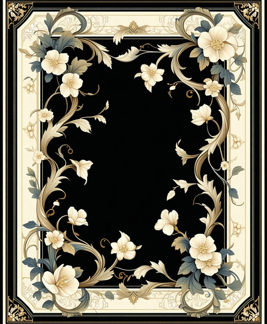 Ornate Floral Scrollwork Black Frame Rug