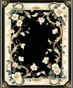 Ornate Floral Scrollwork Black Frame Rug