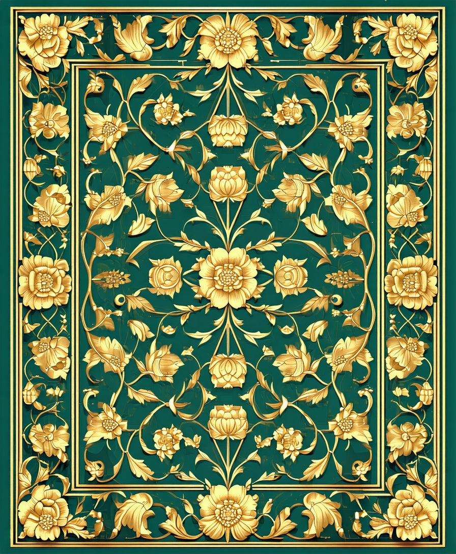 Ornate Floral Emerald Gold Rug
