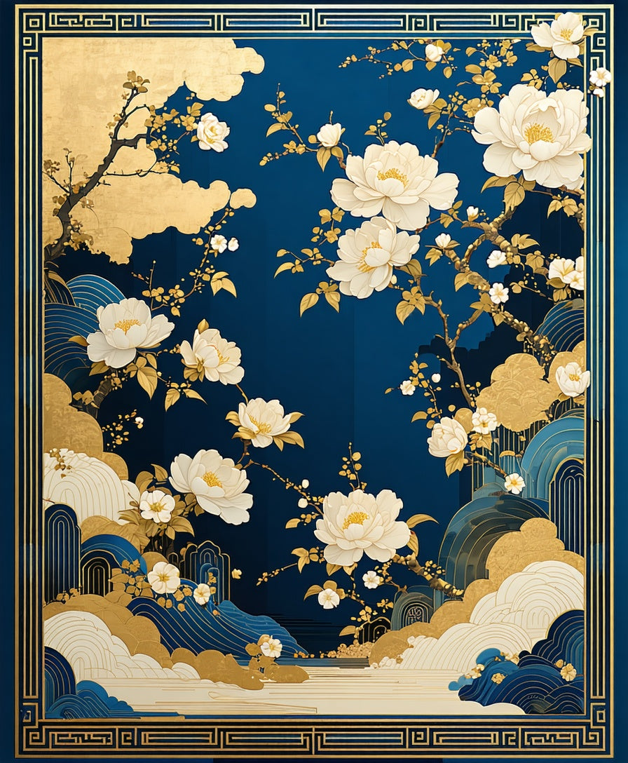 Elegant White Peony Floral Gold Design Rug