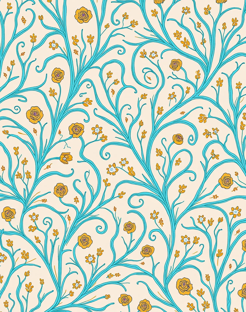 Turquoise Floral Whimsical Vine Pattern Rug