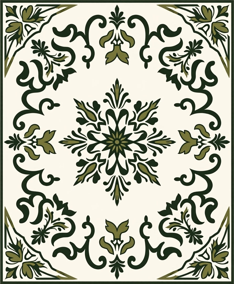 Dark Green Floral Medallion Ivory Rug