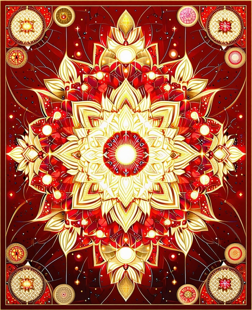 Crimson Gold Intricate Mandala Rug