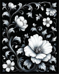 Ornate Black White Floral Scroll Rug