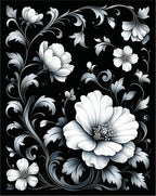 Ornate Black White Floral Scroll Rug