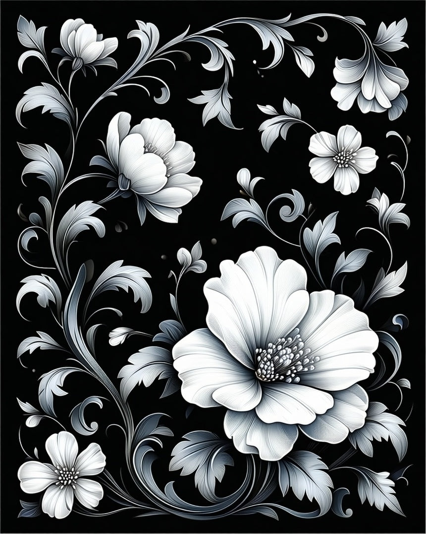 Ornate Black White Floral Scroll Rug