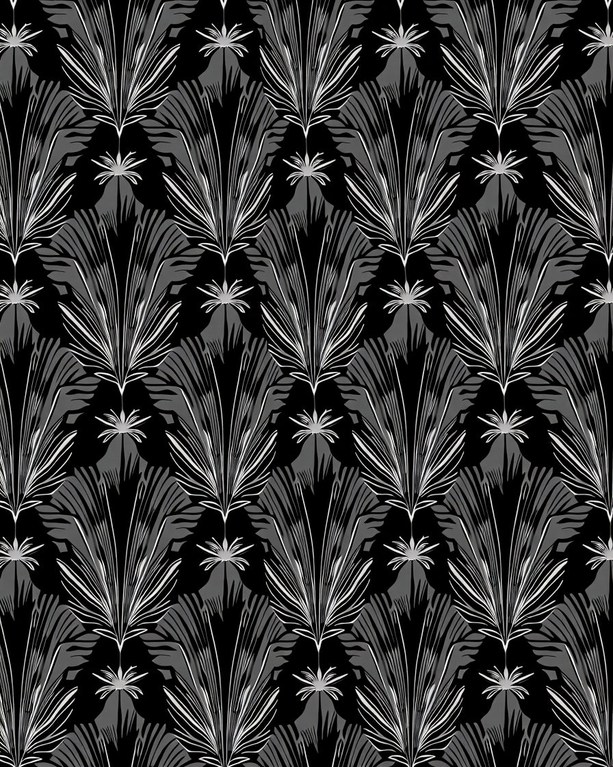 Black White Feathered Palm Fan Rug