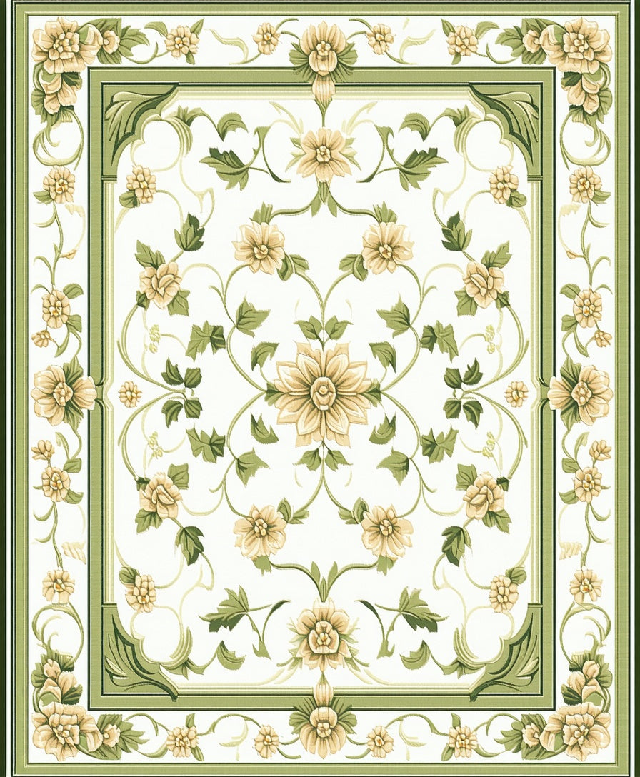Elegant Cream Green Floral Vine Rug