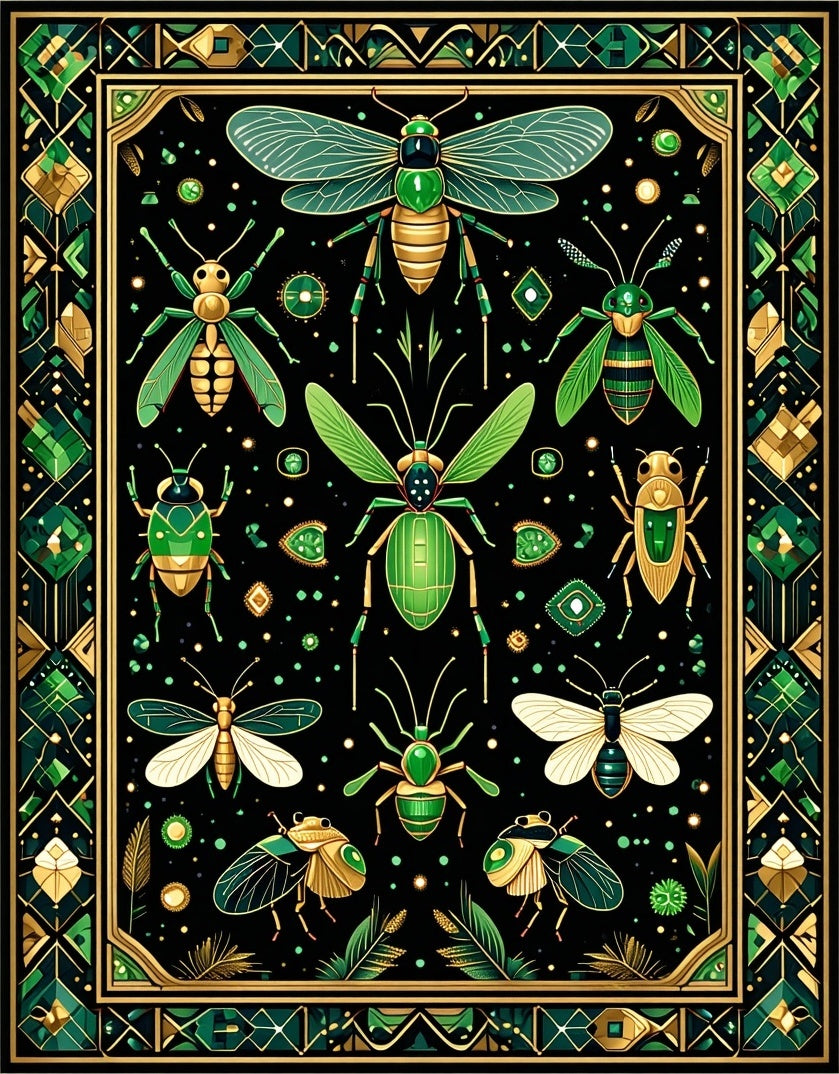 Ornate Emerald Insect Pattern Design Rug