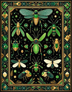 Ornate Emerald Insect Pattern Design Rug
