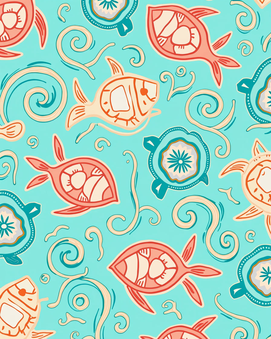 Playful Fish Turtle Swirls Pattern Rug