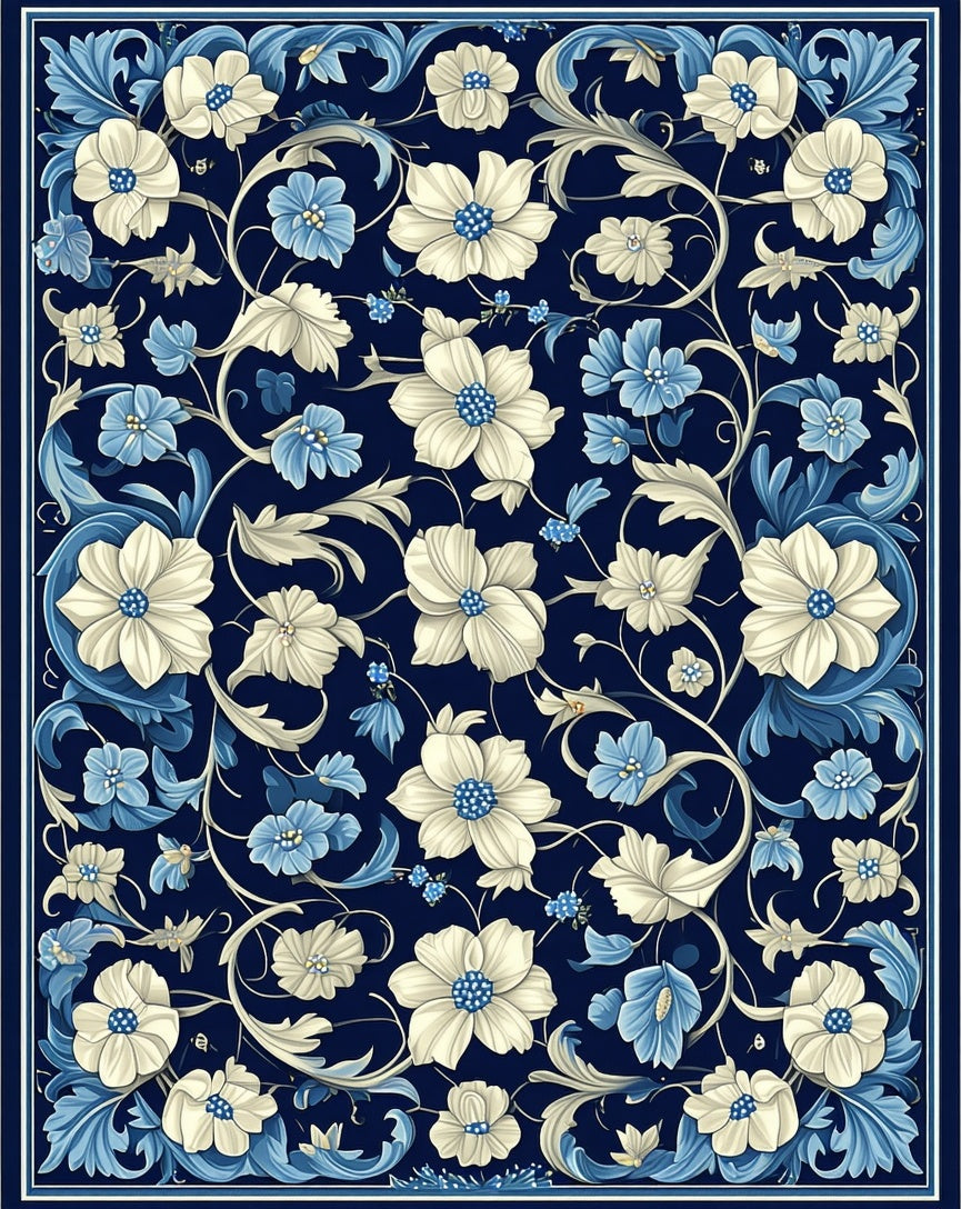 Ornate Floral Scrollwork Navy Cream Rug
