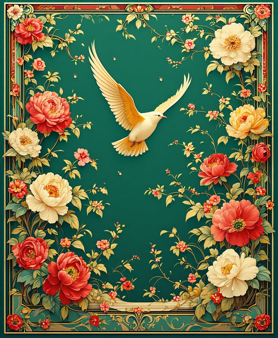 Elegant Floral Bird Emerald Garden Rug