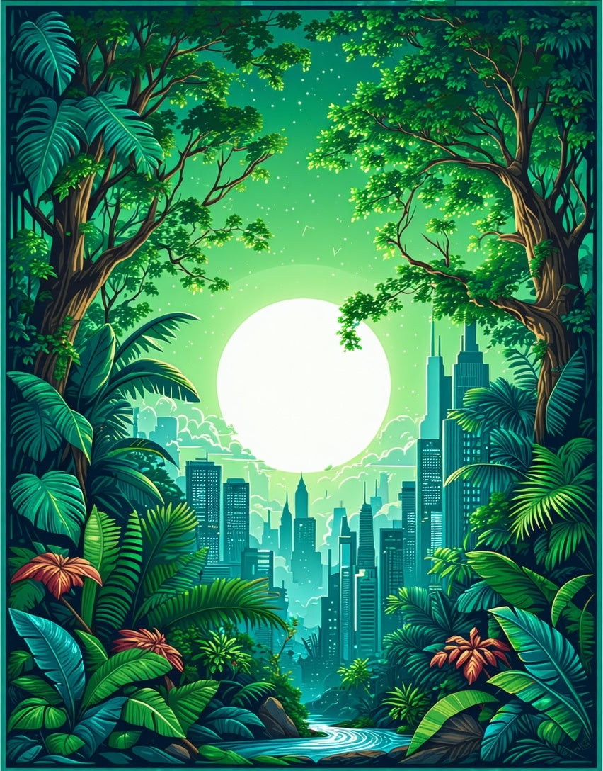 Lush Jungle Cityscape Tropical Nature Art Rug