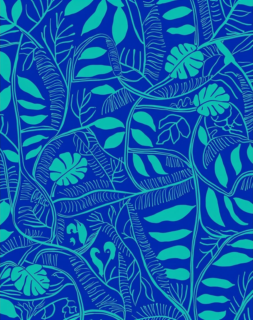 Blue Tropical Leaf Pattern Rug