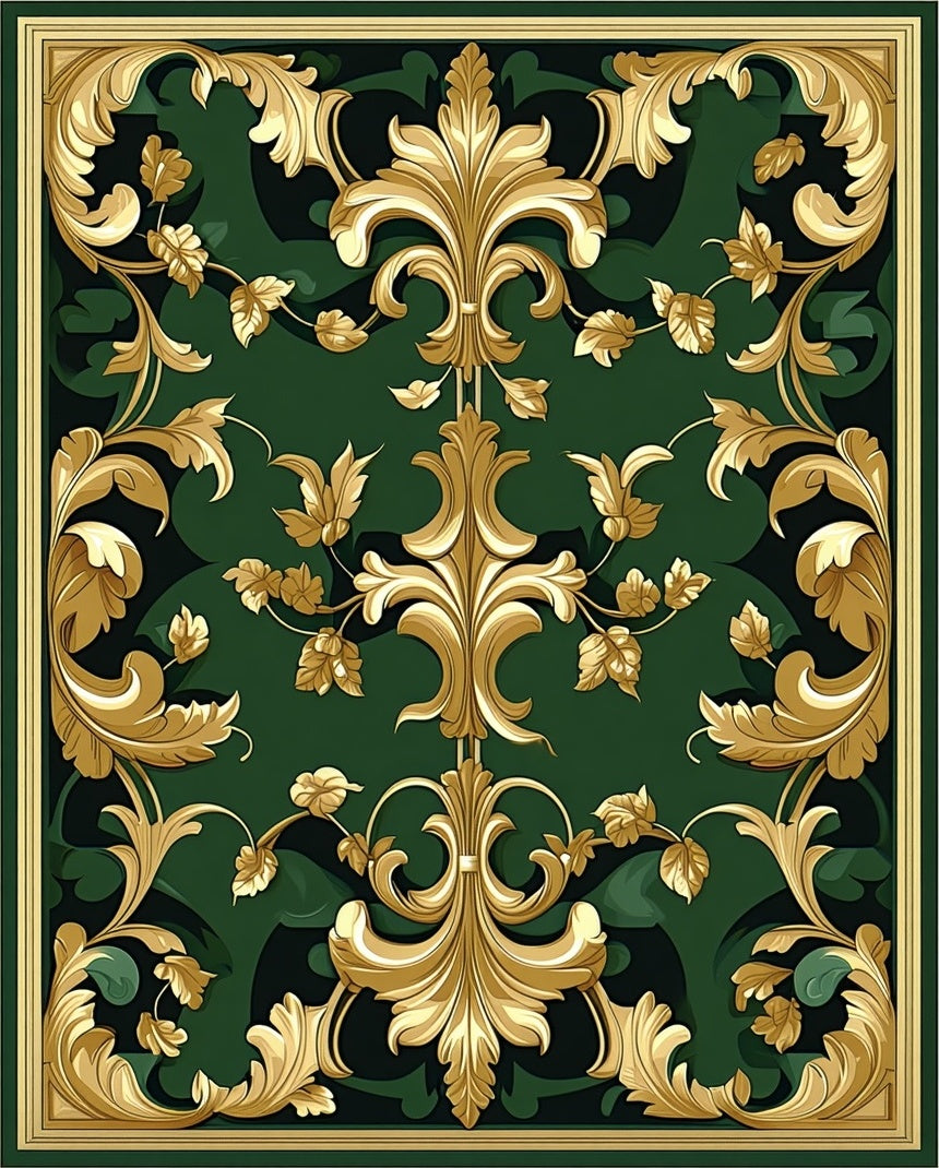 Opulent Gold Floral Green Contemporary Design Rug