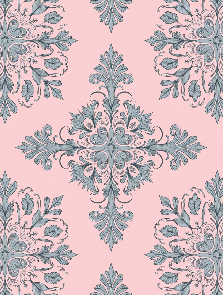 Floral Ornament Patterned Pink Grey Rug
