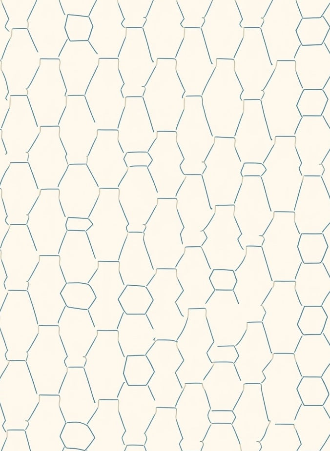 Creamy White Blue Hexagonal Lattice Rug