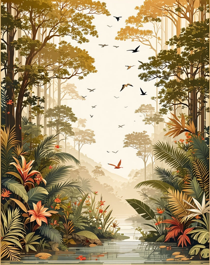 Tropical Jungle Floral Bird Scene Rug