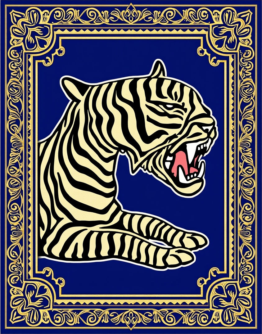 Bold Tiger With Gold Ornate Frame Rug