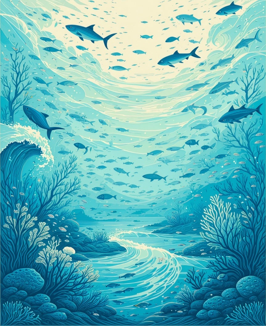 Ocean Life Aquatic Schooling Fish Pattern Rug