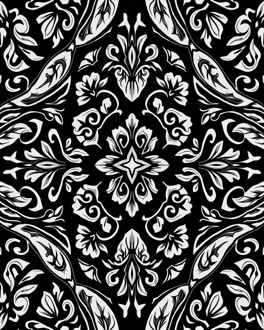Black White Floral Damask Pattern Rug