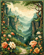 Enchanted Floral Mountain Valley Scene Rug